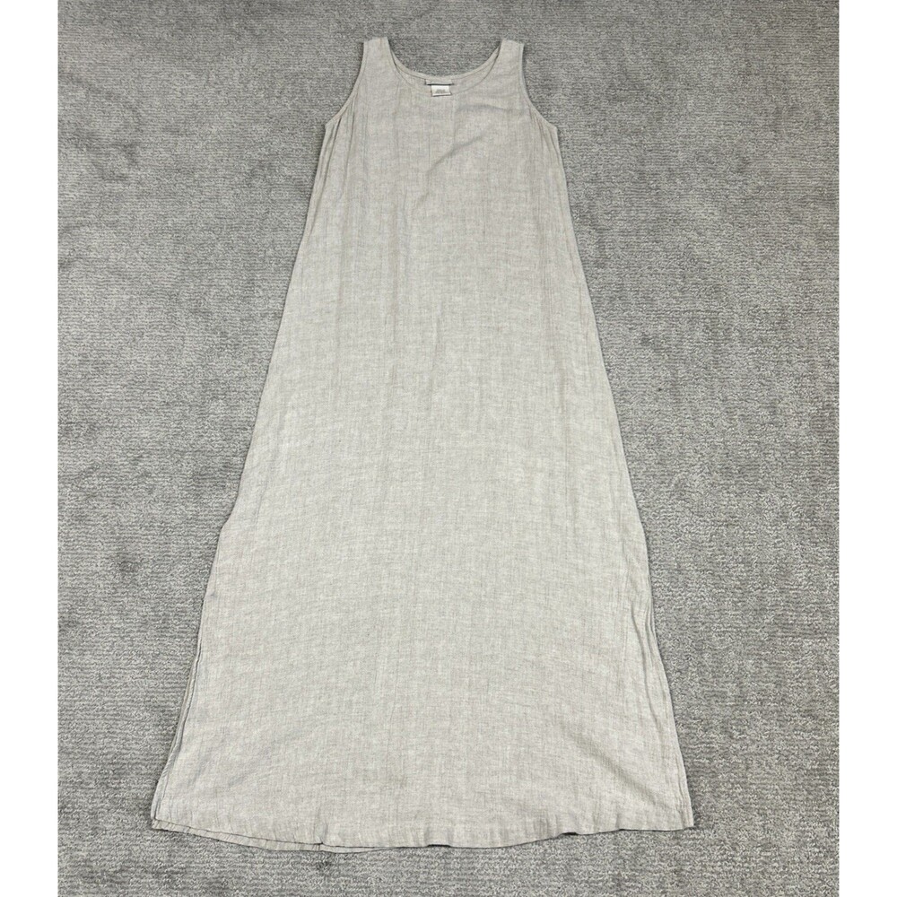 Barbara Lesser Dress Womens Large Beige Maxi Flax Lagenlook Minimalist Slits USA